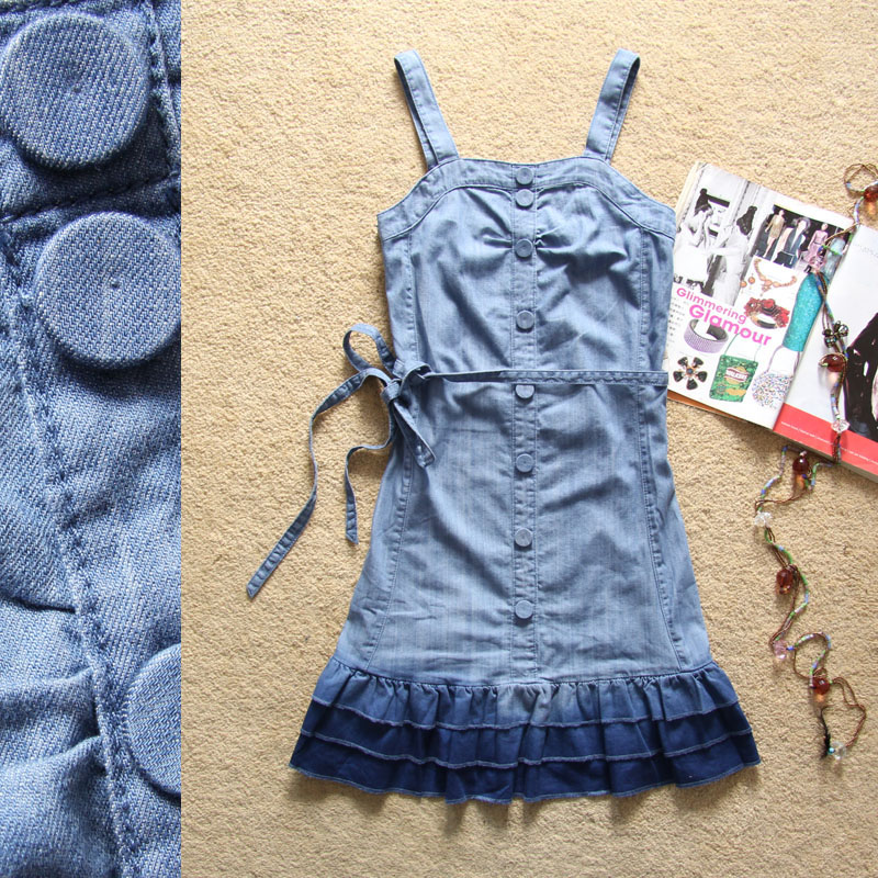 WA001 women summer strap jean dress bib jeans cotton cake preppy style slim suspender denim jeans one-piece dress Sky Blue skirt