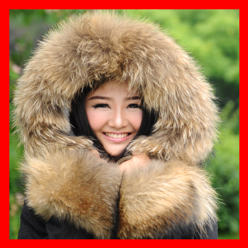 Wadded jacket medium-long raccoon fur wadded jacket large fur collar Army Green wadded jacket outerwear overcoat women's