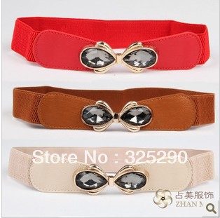 Waist sealing lady's fine money bowknot big stone elastic spell PU leather belt han decoration
