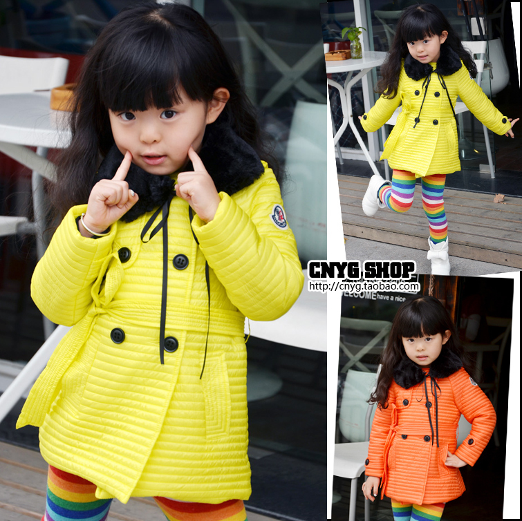 Wardrobe children's clothing detachable fur collar double breasted stripe long design cotton-padded coat cotton trench