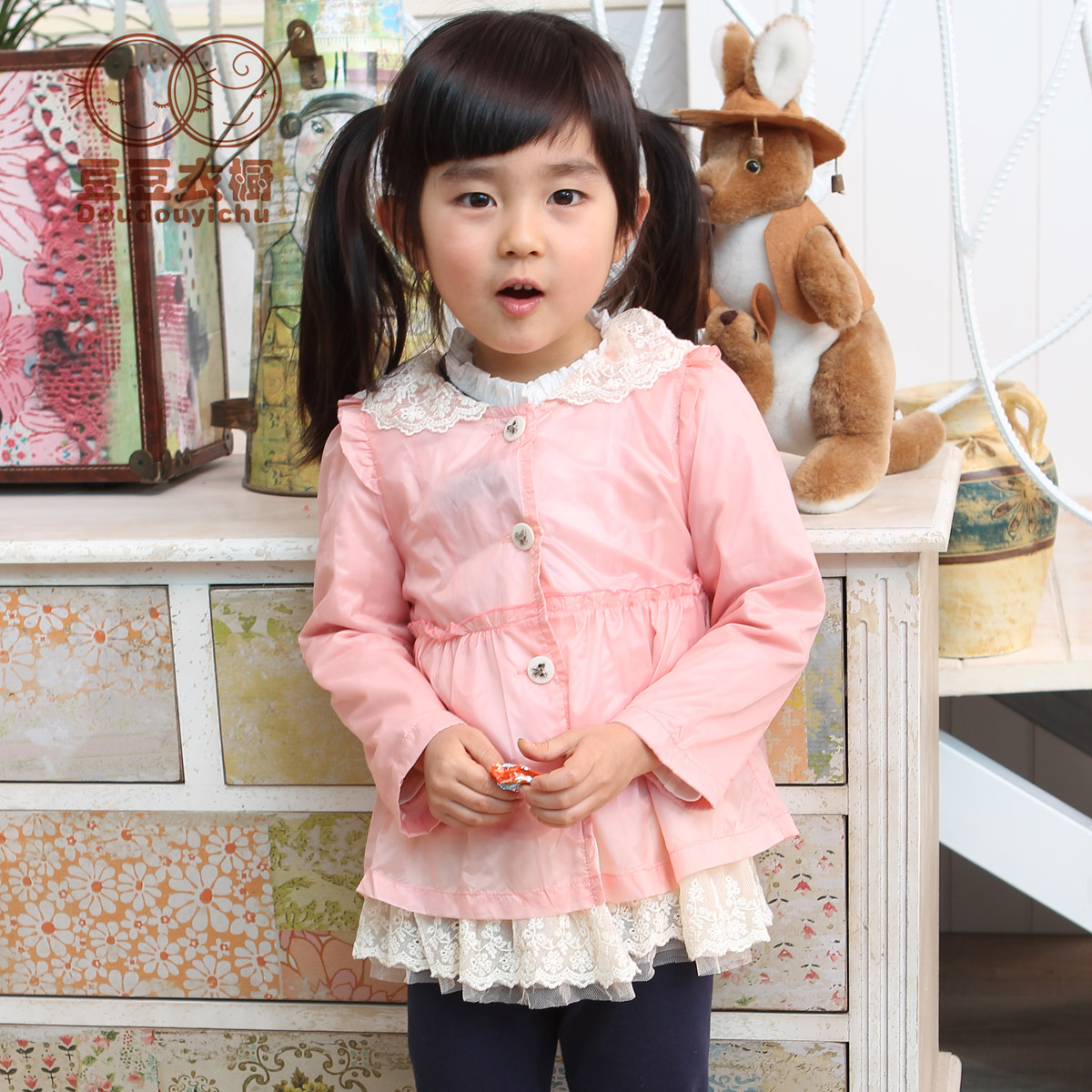 Wardrobe lace peter pan collar pink casual long-sleeve trench windproof outerwear small female child spring and autumn princess