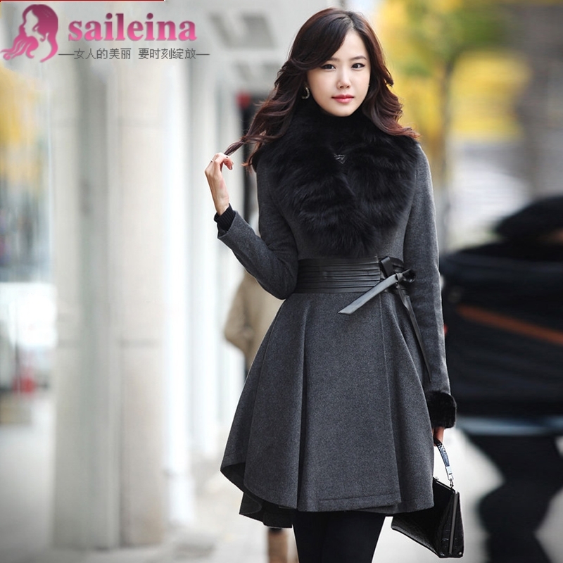 Warm autumn and winter women fox fur woolen outerwear slim woolen overcoat trench coat