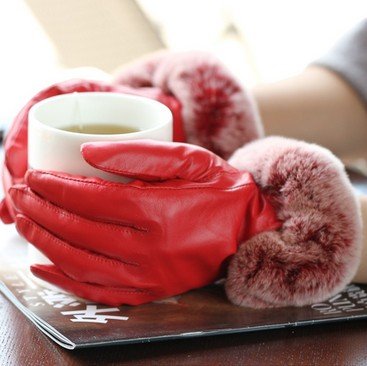 Warm Fashion Winter Women rabbit fur Genuine Leather sheepskin Gloves Winter thermal Leather Gloves