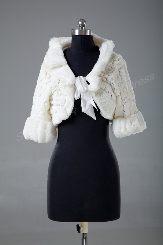 Warm Faux Fur Ivory Bolero Wedding Wrap Shawl Bridal Jacket Coat  With Pink Sequins Accessories Free Shipping 5692