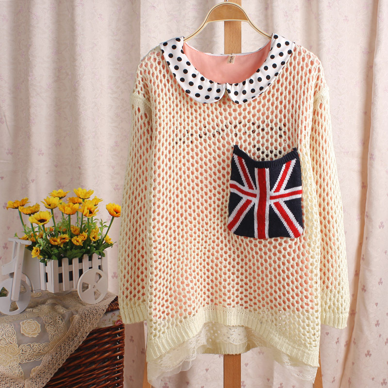 warm free shipping M word flag applique lace loose cutout pullover sweater 2012 winter warm arrival women outerwear christmas