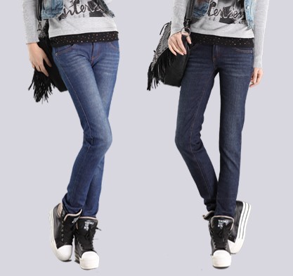 Wash water white simple comfort women jeans mixed fabrics zipper gate straight leg jeans black blue Free Shipping