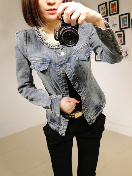 Water wash 2012 retro finishing chain brick single breasted pads denim short jacket f0950-105
