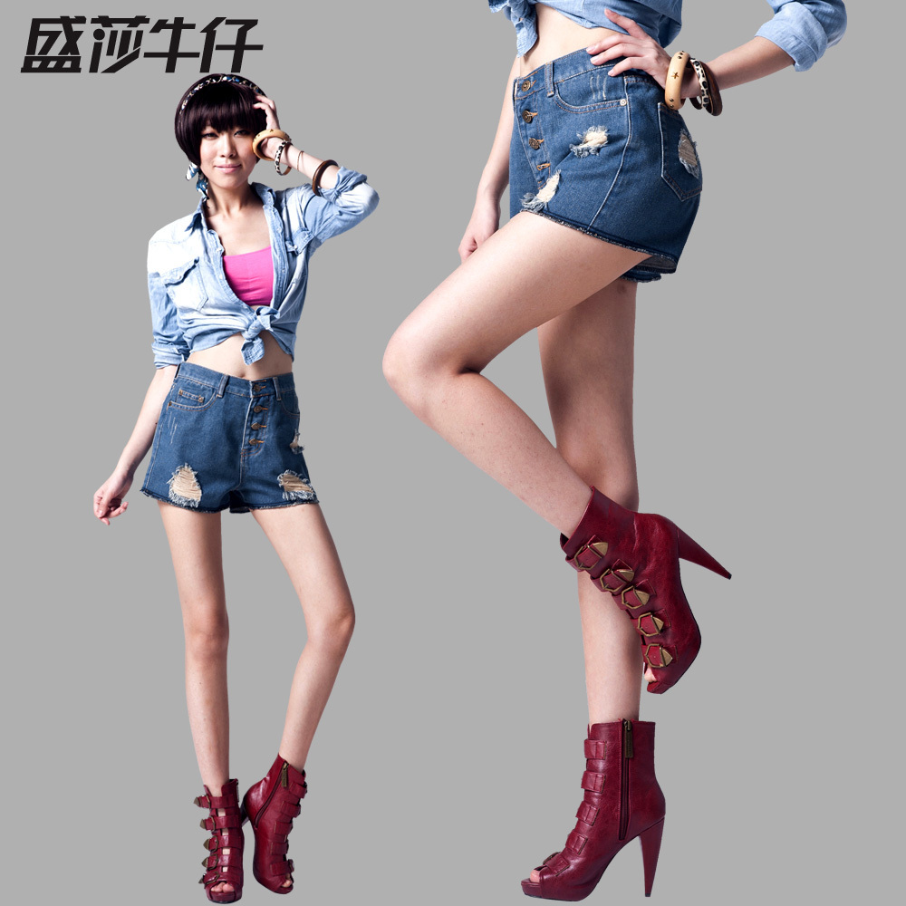 Water wash hole buttons high waist denim shorts female slim shorts