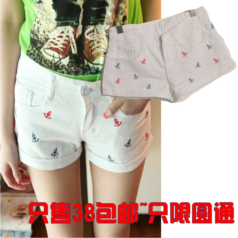 Water wash plus size white embroidery all-match anchor pocket loose low-waist roll up hem jeans shorts female