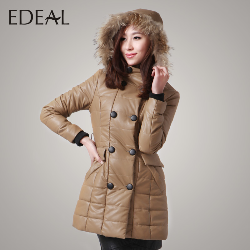 Water washed leather winter wadded jacket female medium-long outerwear women leather clothing slim