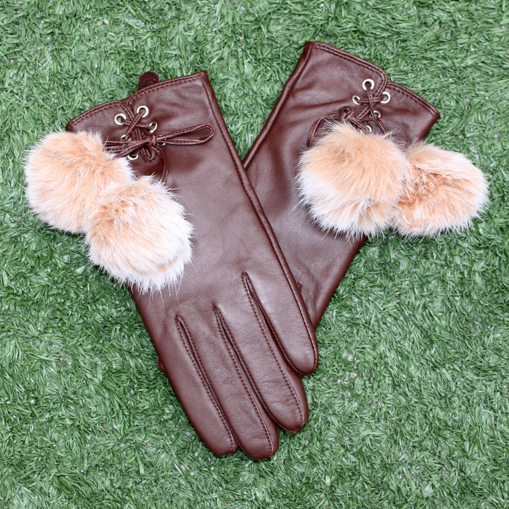 Water women's genuine leather gloves female winter women's thermal sheepskin gloves female rabbit fur ball