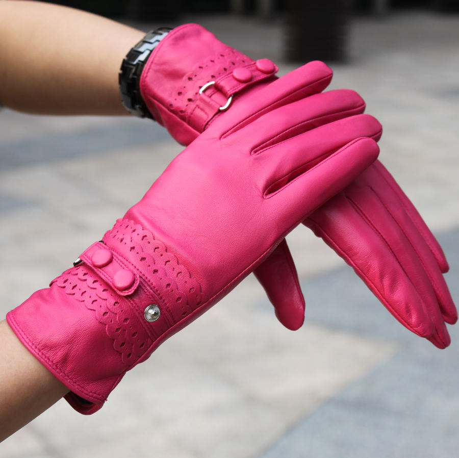 Water women's genuine leather gloves women's sheepskin thermal fashion pink gloves