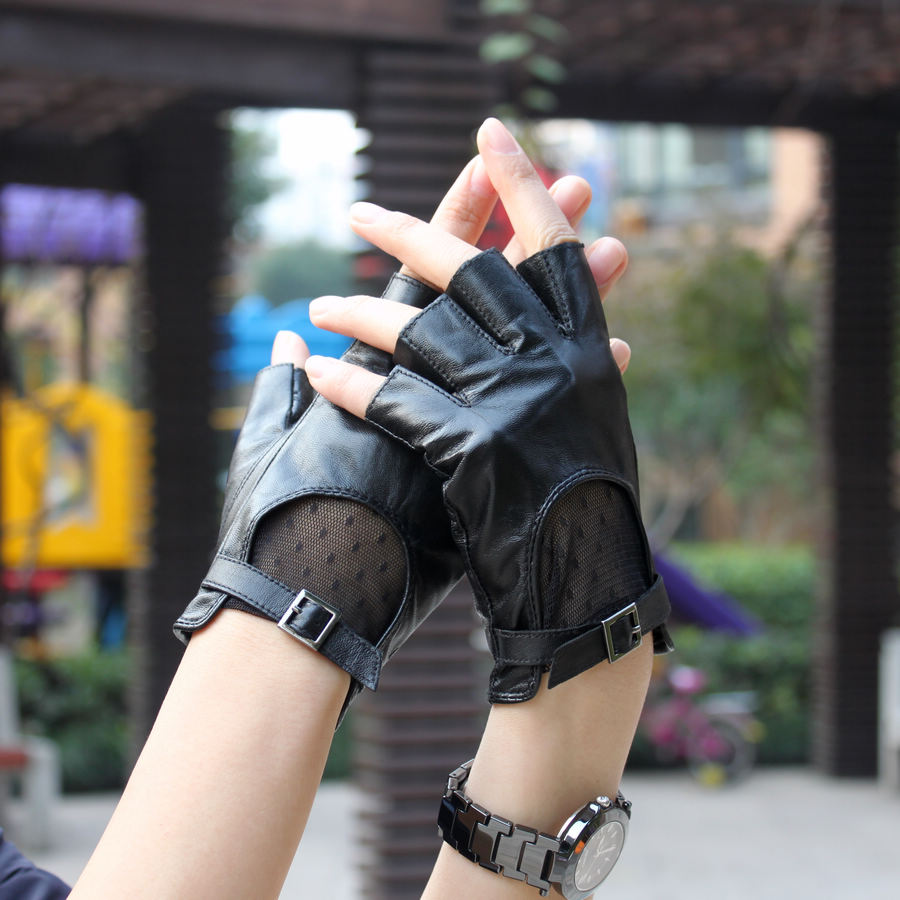 Water women's genuine leather gloves women's sheepskin thermal semi-finger fireboats hip-hop motorcycle