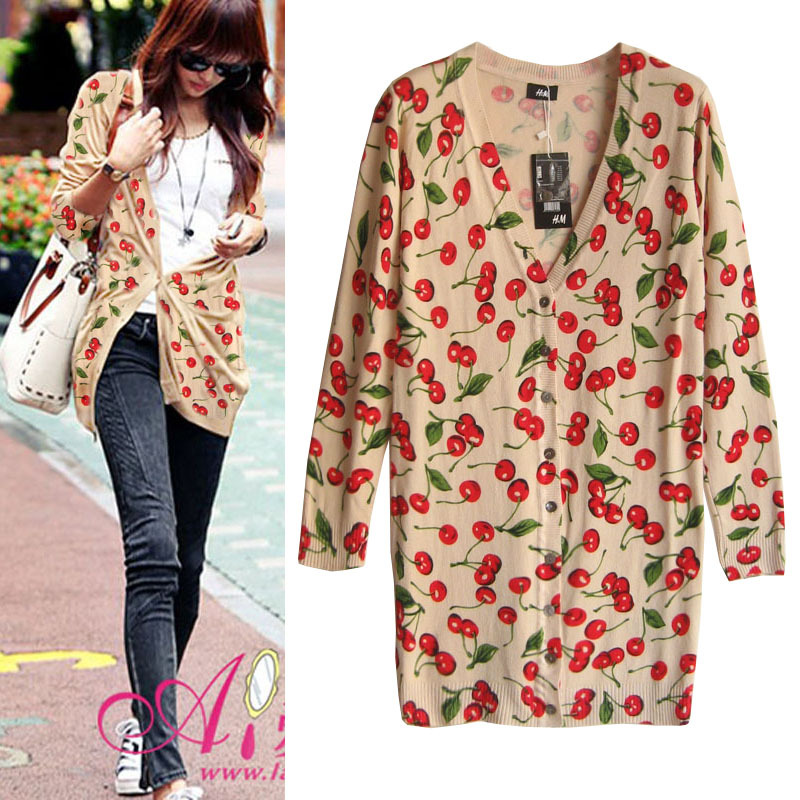 Watermark cherry pattern medium-long cardigan sweater female loose
