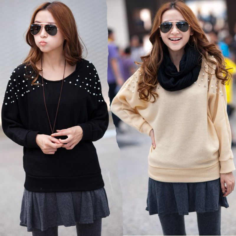 WB019 autumn women's batwing shirt pearl beading long-sleeve o-neck sweater free shipping