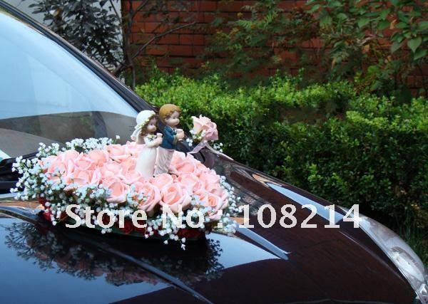 Wedding car decoration,Wedding silk flower,Rose bouquets with couple doll