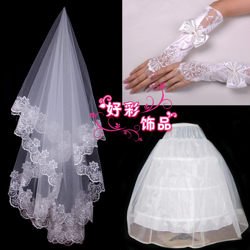 Wedding dress pannier veil gloves set single tier veil lace gloves ring tulle dress set