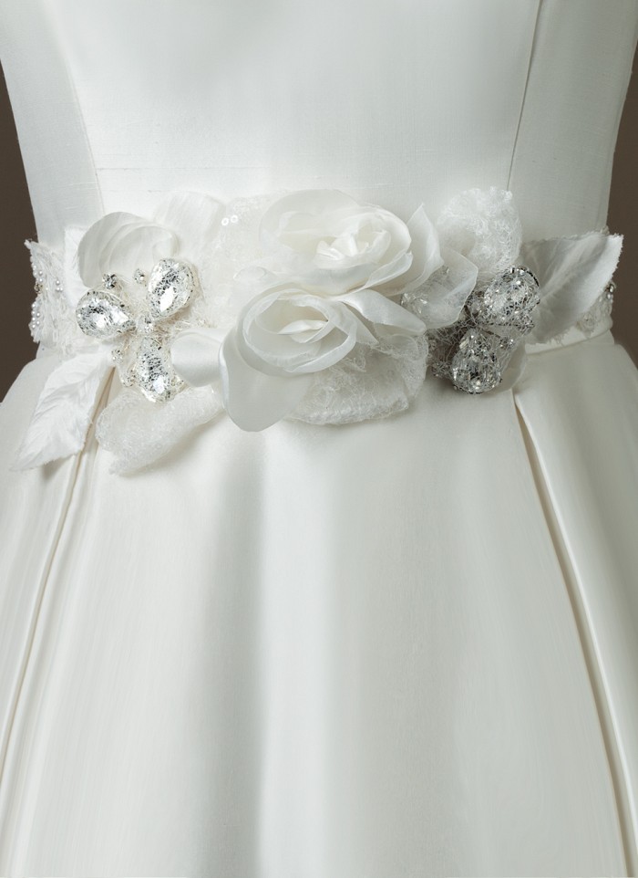 Wedding Dress Waistband Satin bias self tie sash with rolled flowers and butterfly brooches Wedding Belt Crystal
