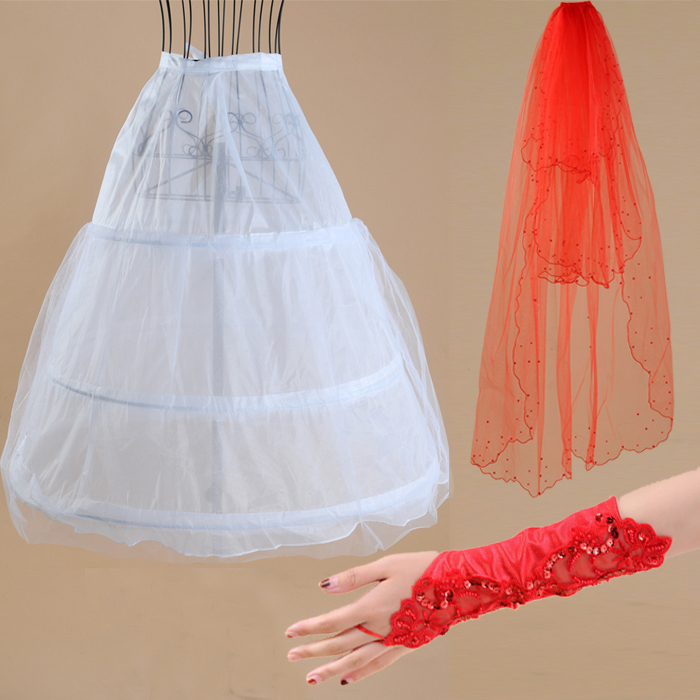 wedding gowns Wedding dress red wedding accessories veil gloves pannier set d