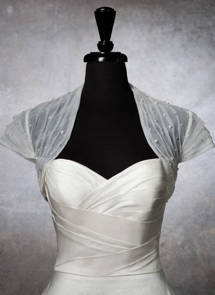 Wedding Jacket Tulle pleated bolero with scattered pearl cluster bugle beads and sequins Bridal Wraps