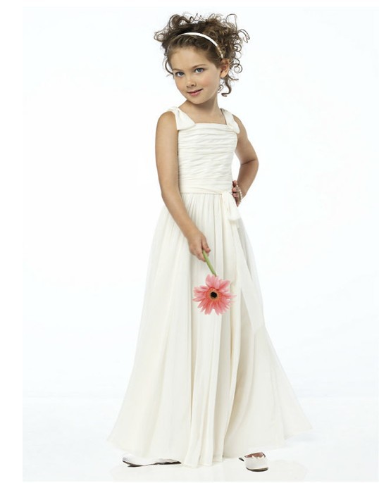 Wedding Lovely White Chiffon with Bow Straps and Sash Flower Girl Dress Simple New Pleated Floor Length Kids Evening Gowns