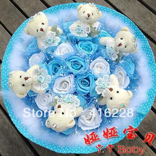 Wedding supplies 6 Korean version 21-color roses Bear Cartoon Bouquet dried flowers free shipping ZA960