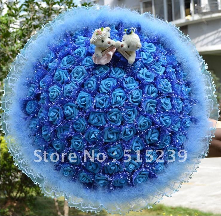 Wedding supplies 99 flower simulation rose + a couple tactic bears creative gifts/Wedding Bouquet/+free shipping  D923