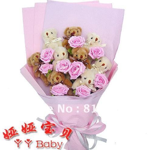 Wedding Valentine's day gifts 9 Teddy Bear 9 gold dust rose cartoon bouquet dried flowers Free shipping X706