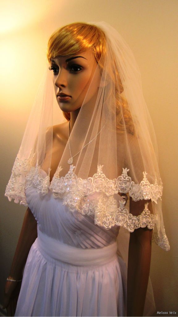 Wedding Veils 2 Tier Rose Lace Edge with Pearl Vintage Style IVORY