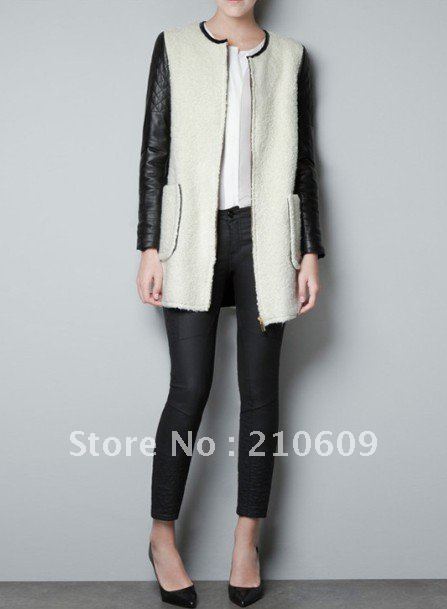 western pu sleeve montage medium&long style zipper feather coat