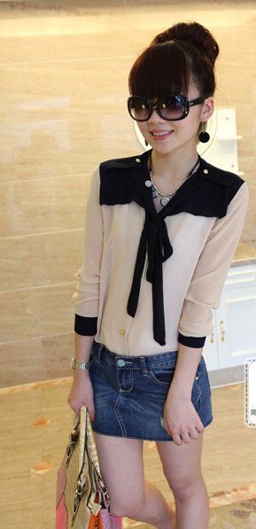 Western Style Elegant Long Sleeve Chiffon Blouse Apricot