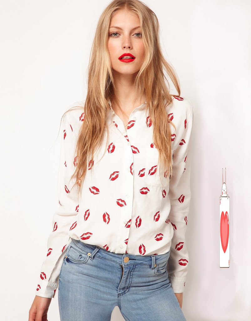 Western Style Hickey Printing Chiffon Blouses /Hop Red Lips Print Shirts Long-sleeved Free Shipping 2110704