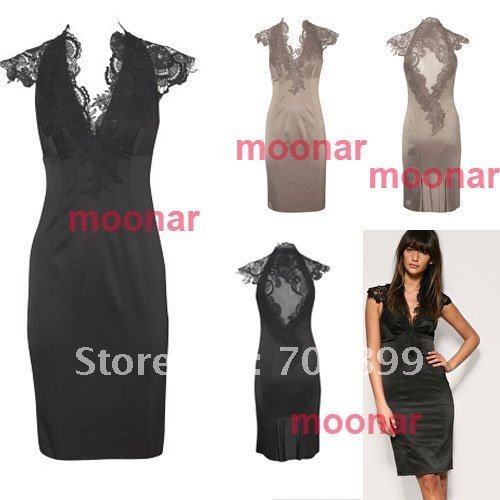 Western Vintage Sexy Women Deep V-neck Lace Flower Knee-length Lady OL Shows S figure back sheer slim fitted Body Evening E0467