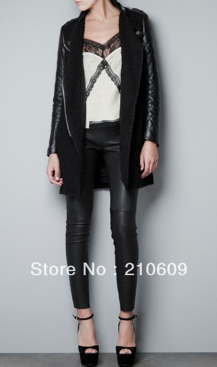 western zipper cardigan medium&long pu leather sleeve coat