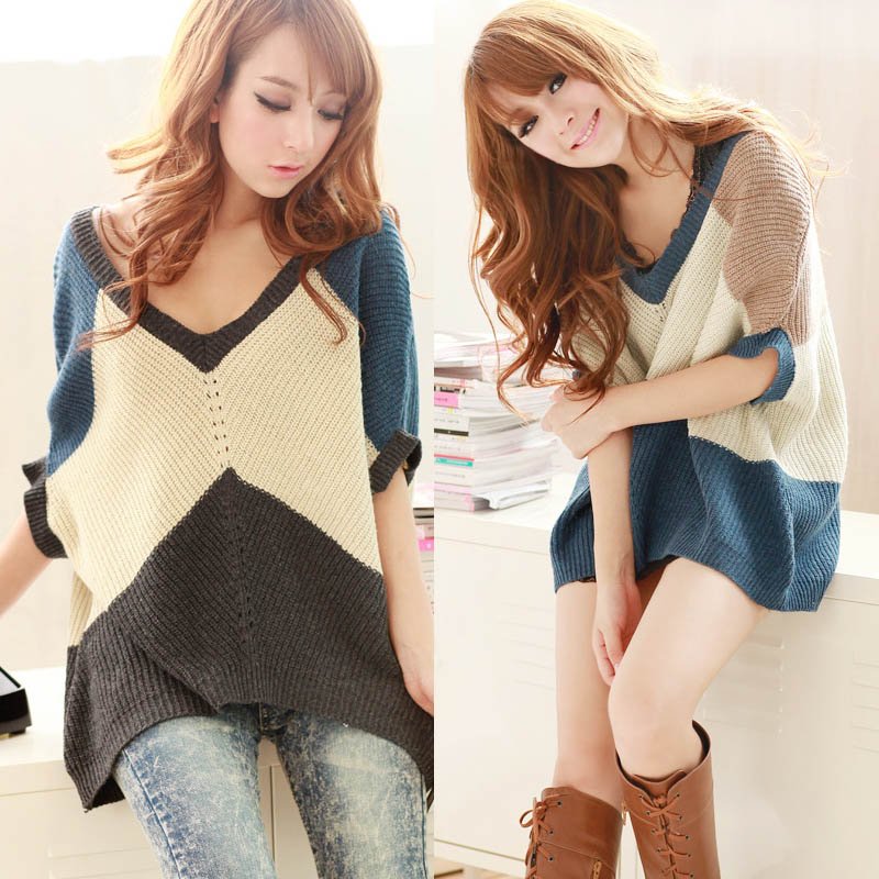 WF-0127 NEW HOT FASHION BATWING SLEEVE V-NECK HALF SLEEVE SWEATER JUMPER F BLUE BROWN