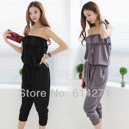 WF-0200 HOT SOLID COLOR FLOUNCE ELASTIC WAIST STRAPLESS JUMPSUIT BLACK GREY