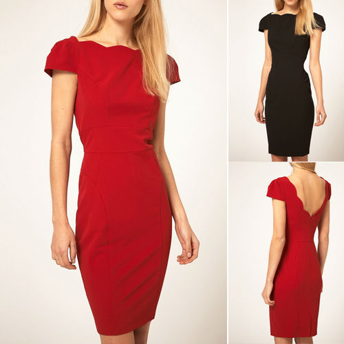 WF-0327 ELEGANT BACKLESS SHORT SLEEVE SCALLOPED EDGE SLIM FIT DRESS 2 COLOR 3 SIZE