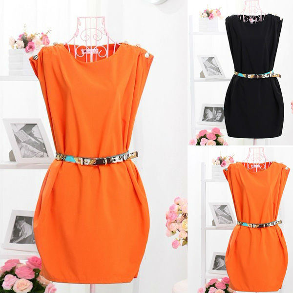 WF-0339 HOT CREW NECK SLEEVELESS BUTTON-SHOULDER TUNIC DRESS WITH BELT BACLK ORANGE F