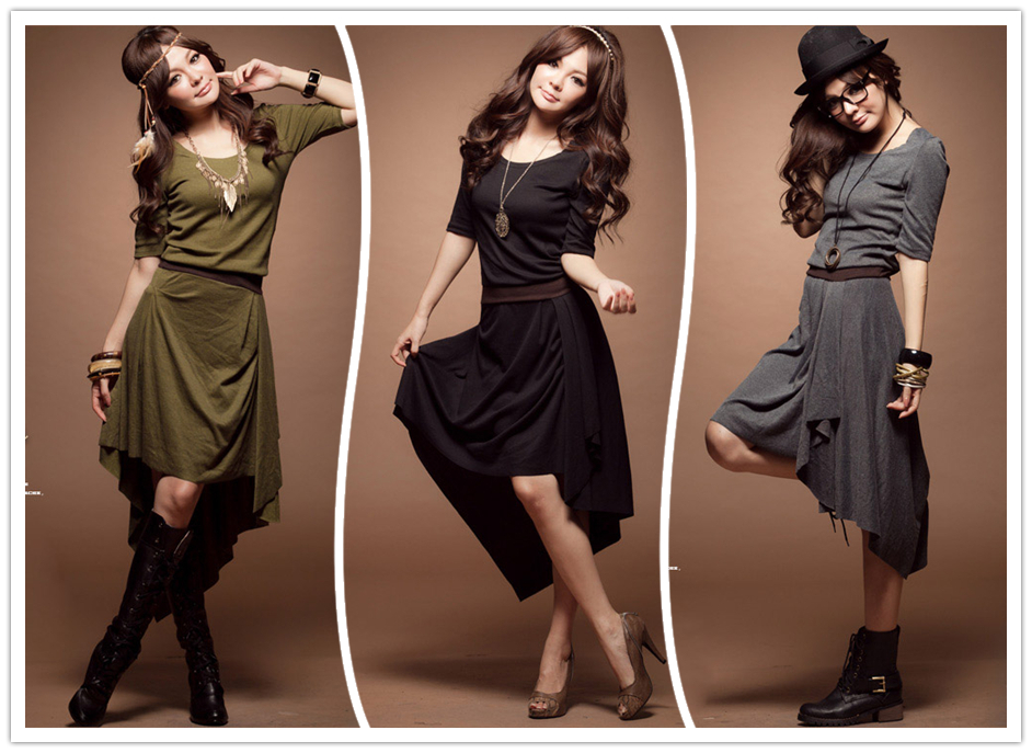 WF-0353 HOT FASHION U-NECK SHORT SLEEVE DRESS ASYMMETRICAL LAP 3COLORS SIZE S