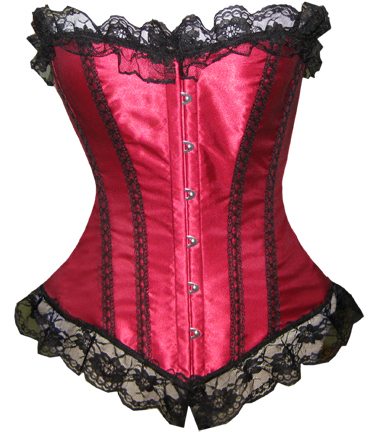 Whine Red satin lace up boned corset busiter basque with black lace trim lingerie S-2XL