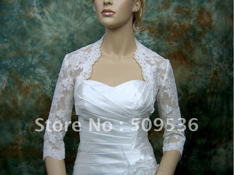 White 3/4 sleeve alencon lace bolero jacket 074 Main Color:  ivory and white