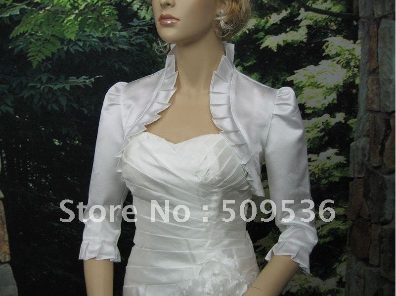 White 3/4 sleeve satin wedding bolero jacket shrug 008 Main
