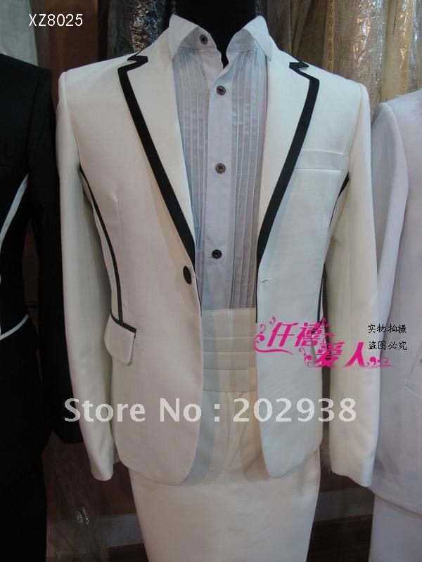 white 4piece set (Jacket,Pants,Belt,tie)  groom tuxedos men suit sets