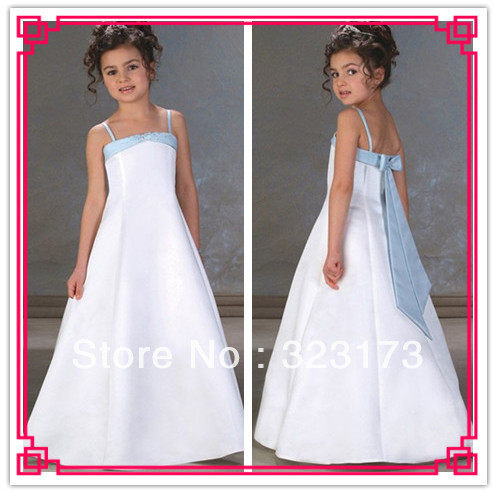 White and Blue A-line Spaghetti Strap Satin Floor Length Plus Size Flower Girl Dress