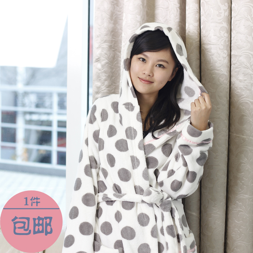 White and grey dot coral fleece plush lacing long design female lounge robe sleepwear