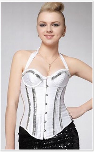 White and silvery overbust corset with bra Free shipping - qm1012white