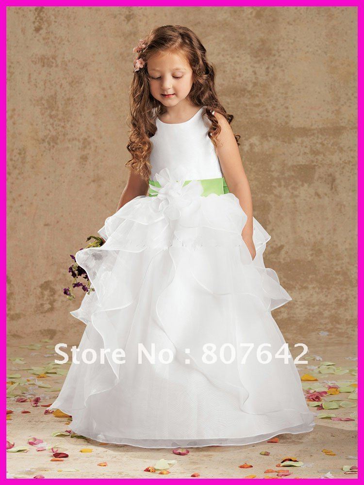 White ball gown ankle-length satin flower girl dresses spaghetti straps belt Sky754 wholesale & retail
