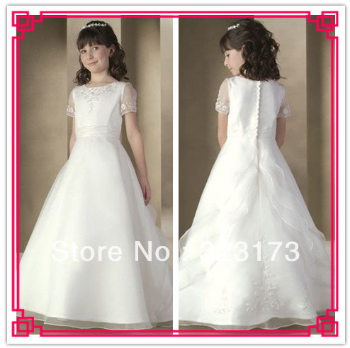 White Ball Gown Short Sleeve Organza Floor Length Pageant Dress for Little Girls