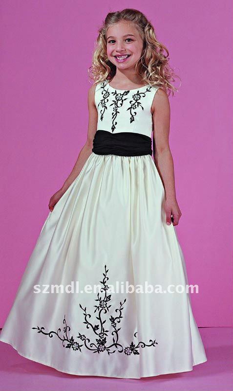 White black embroidered belt flower girls dress