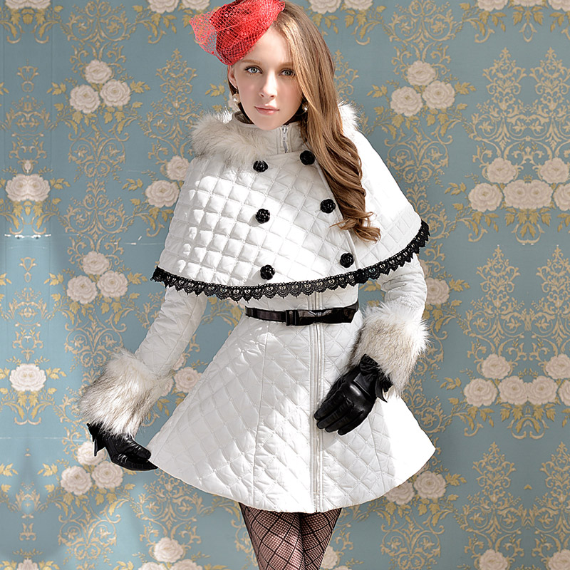 White black laciness cloak of paragraph with a hood slim waist cotton-padded jacket a